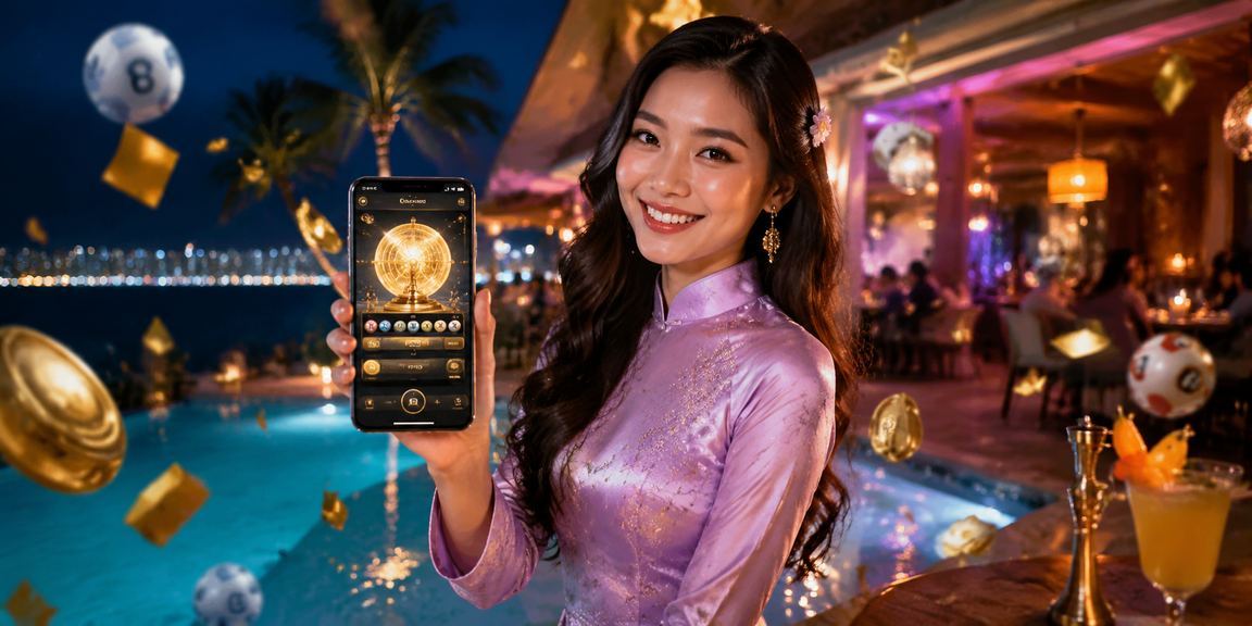 Người phụ nữ mặc áo dài tại Nha Trang cầm điện thoại xem thống kê kèo thể thao buổi chiều bên bờ biển