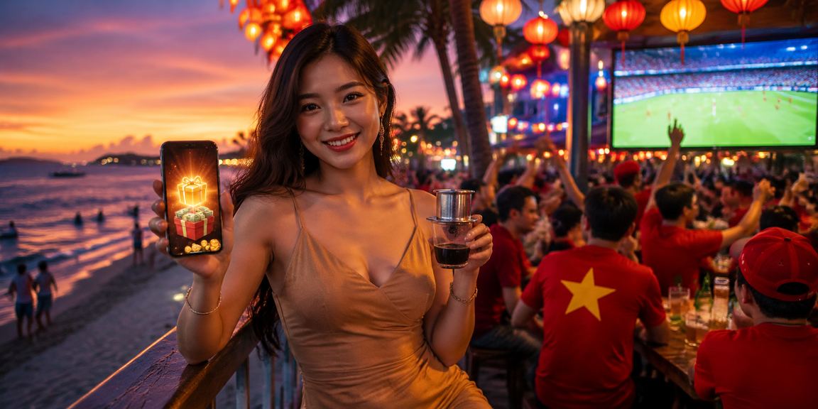 Người dùng trải nghiệm VIP 88k trên điện thoại tại Phú Quốc bên tách cà phê buổi sáng